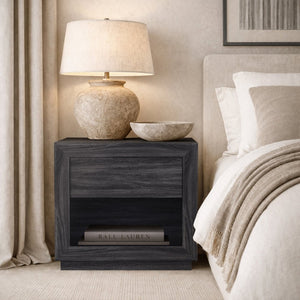 English Elm Nightstand with Flush Drawer and Open Cubby for Minimalist Scandinavian Bedroom Decor Charcoal Gray B365P504386