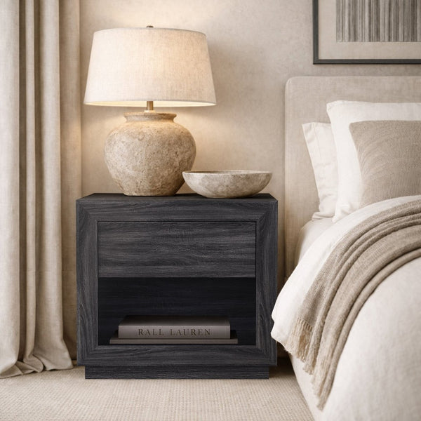 English Elm Nightstand with Flush Drawer and Open Cubby for Minimalist Scandinavian Bedroom Decor Charcoal Gray B365P504386