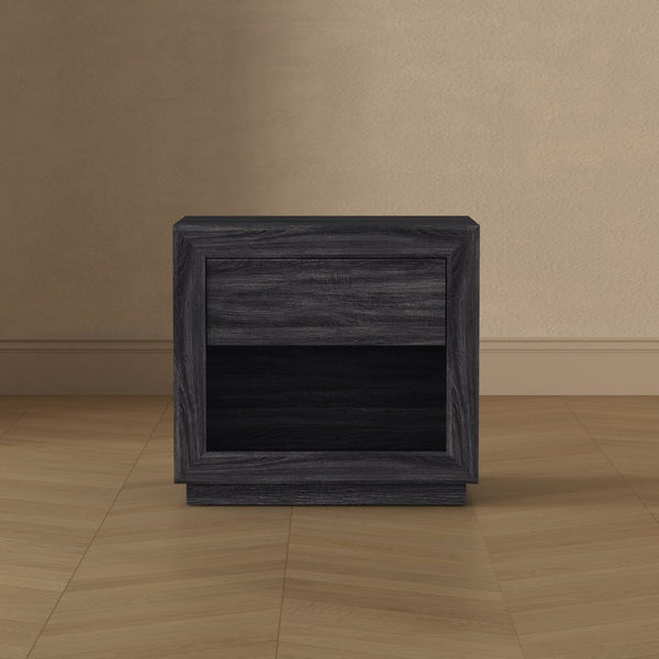 English Elm Nightstand with Flush Drawer and Open Cubby for Minimalist Scandinavian Bedroom Decor Charcoal Gray B365P504386