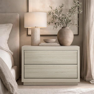English Elm Nightstand with Two Drawers Bleached Wood Grain Finish for Scandinavian Modern Bedroom Whitewashed Oak B365P504387