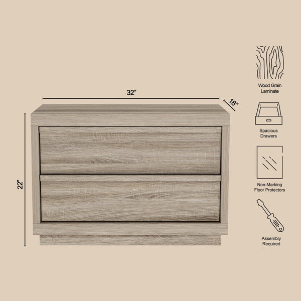 English Elm Nightstand with Two Drawers Bleached Wood Grain Finish for Scandinavian Modern Bedroom Natural Oak B365P504388