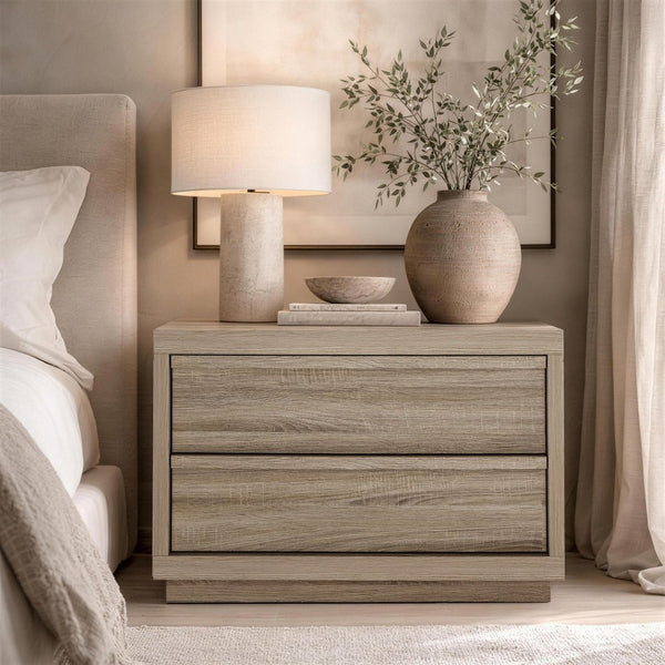 English Elm Nightstand with Two Drawers Bleached Wood Grain Finish for Scandinavian Modern Bedroom Natural Oak B365P504388