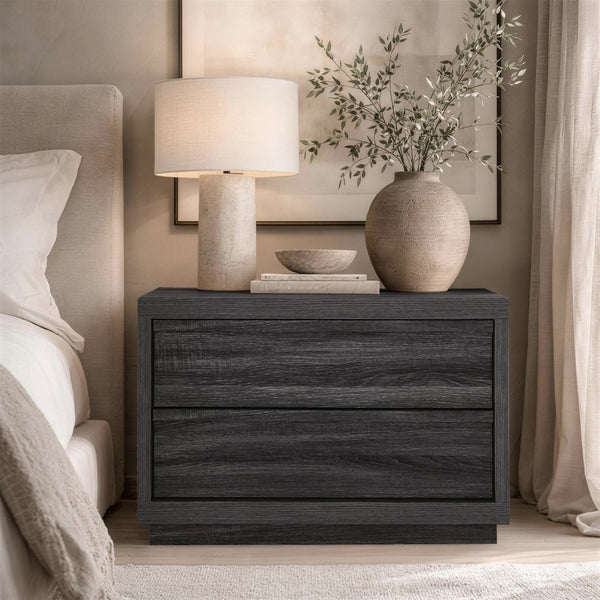English Elm Nightstand with Two Drawers Bleached Wood Grain Finish for Scandinavian Modern Bedroom Charcoal Gray B365P504389