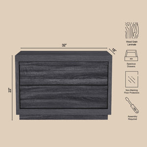English Elm Nightstand with Two Drawers Bleached Wood Grain Finish for Scandinavian Modern Bedroom Charcoal Gray B365P504389