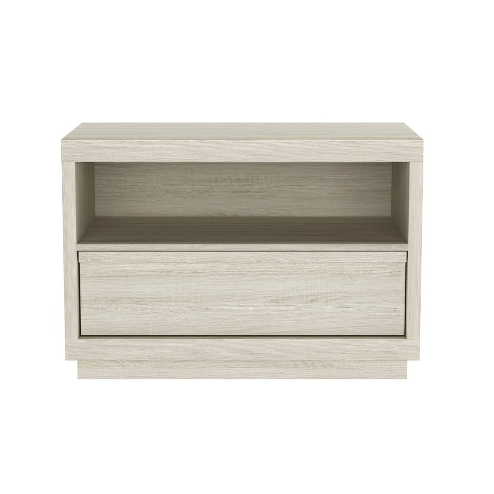 English Elm Nightstand with Open Shelf and Drawer for Modern Scandinavian Bedroom Organic Appeal Whitewashed Oak B365P504390