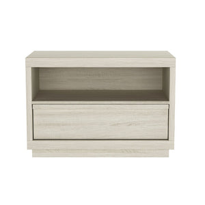 English Elm Nightstand with Open Shelf and Drawer for Modern Scandinavian Bedroom Organic Appeal Whitewashed Oak B365P504390