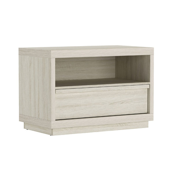 English Elm Nightstand with Open Shelf and Drawer for Modern Scandinavian Bedroom Organic Appeal Whitewashed Oak B365P504390