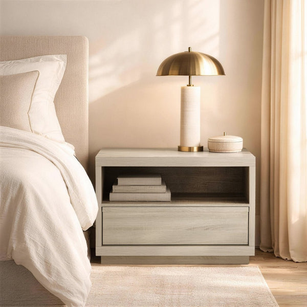 English Elm Nightstand with Open Shelf and Drawer for Modern Scandinavian Bedroom Organic Appeal Whitewashed Oak B365P504390