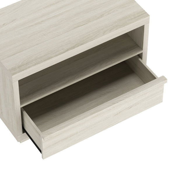 English Elm Nightstand with Open Shelf and Drawer for Modern Scandinavian Bedroom Organic Appeal Whitewashed Oak B365P504390