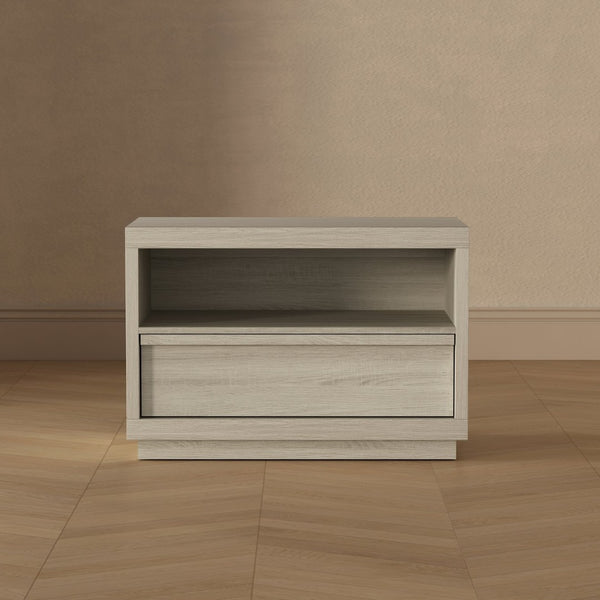 English Elm Nightstand with Open Shelf and Drawer for Modern Scandinavian Bedroom Organic Appeal Whitewashed Oak B365P504390