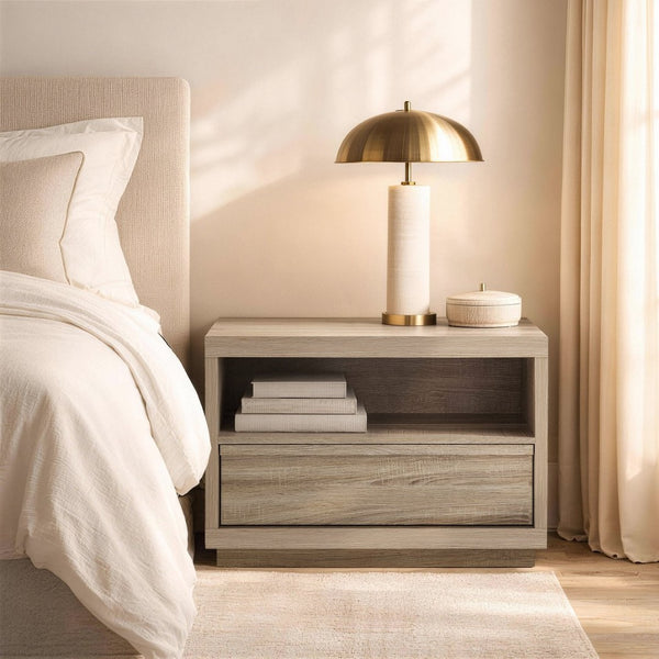 English Elm Nightstand with Open Shelf and Drawer for Modern Scandinavian Bedroom Organic Appeal Natural Oak B365P504391