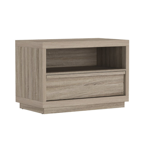 English Elm Nightstand with Open Shelf and Drawer for Modern Scandinavian Bedroom Organic Appeal Natural Oak B365P504391