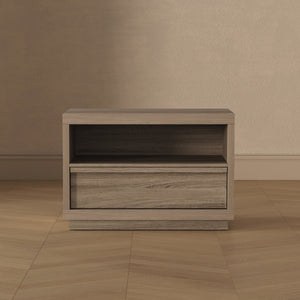 English Elm Nightstand with Open Shelf and Drawer for Modern Scandinavian Bedroom Organic Appeal Natural Oak B365P504391