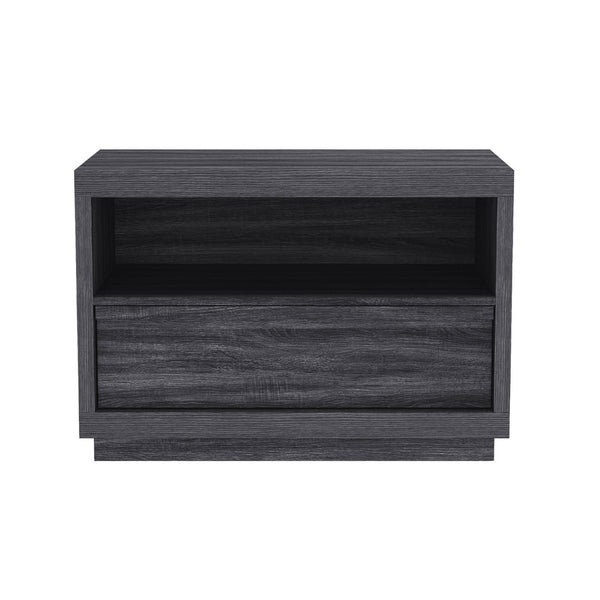 English Elm Nightstand with Open Shelf and Drawer for Modern Scandinavian Bedroom Organic Appeal Charcoal Gray B365P504392