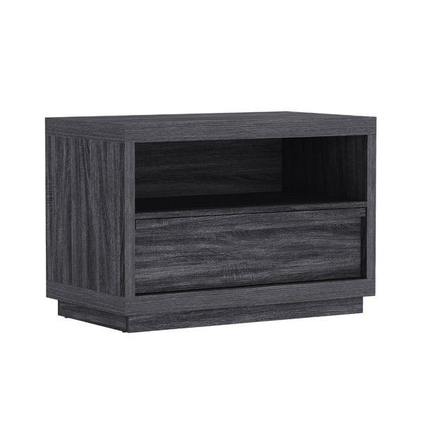 English Elm Nightstand with Open Shelf and Drawer for Modern Scandinavian Bedroom Organic Appeal Charcoal Gray B365P504392