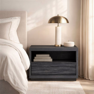 English Elm Nightstand with Open Shelf and Drawer for Modern Scandinavian Bedroom Organic Appeal Charcoal Gray B365P504392