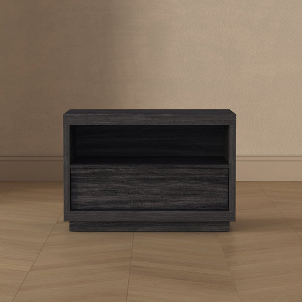 English Elm Nightstand with Open Shelf and Drawer for Modern Scandinavian Bedroom Organic Appeal Charcoal Gray B365P504392