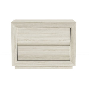 English Elm Nightstand with Two Drawers Handleless Oak Laminate Scandinavian Minimalist Bedroom Whitewashed Oak B365P504393