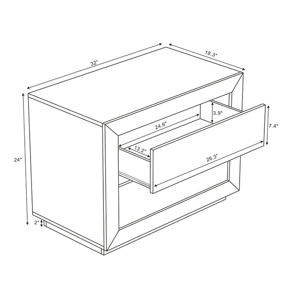 English Elm Nightstand with Two Drawers Handleless Oak Laminate Scandinavian Minimalist Bedroom Whitewashed Oak B365P504393