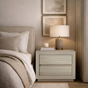 English Elm Nightstand with Two Drawers Handleless Oak Laminate Scandinavian Minimalist Bedroom Whitewashed Oak B365P504393