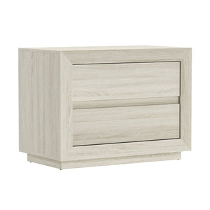 English Elm Nightstand with Two Drawers Handleless Oak Laminate Scandinavian Minimalist Bedroom Whitewashed Oak B365P504393