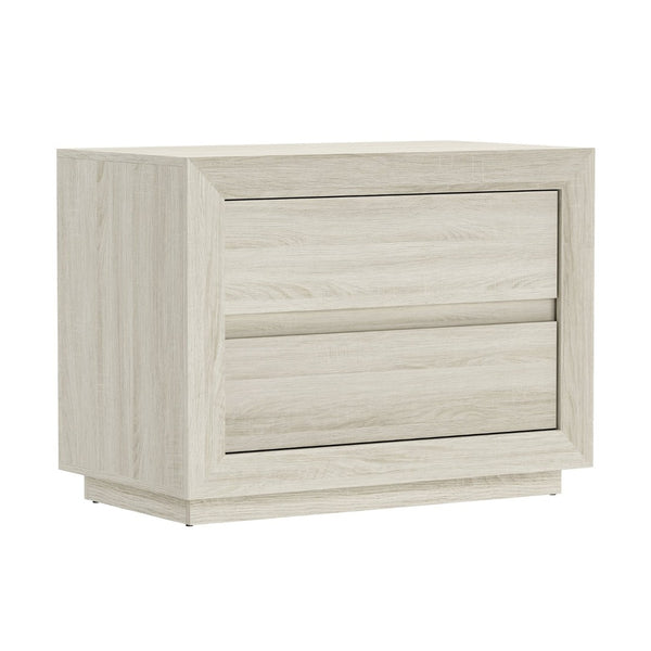 English Elm Nightstand with Two Drawers Handleless Oak Laminate Scandinavian Minimalist Bedroom Whitewashed Oak B365P504393