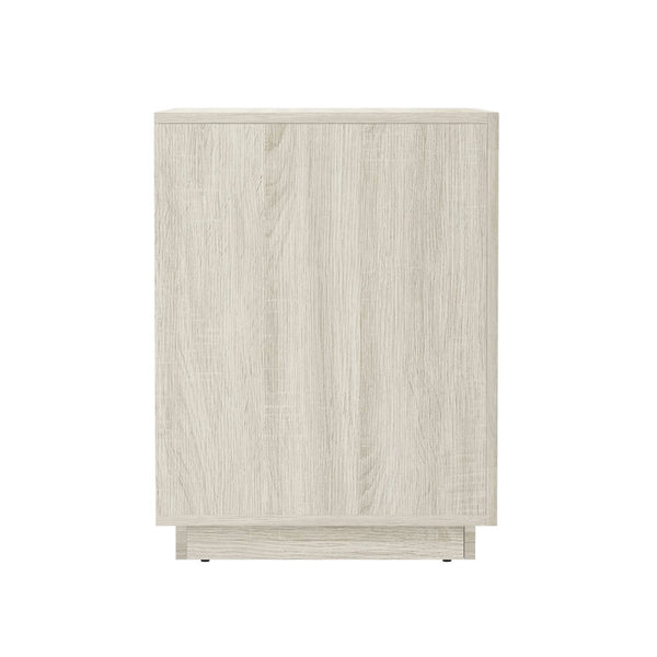 English Elm Nightstand with Two Drawers Handleless Oak Laminate Scandinavian Minimalist Bedroom Whitewashed Oak B365P504393