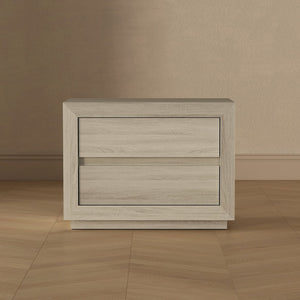 English Elm Nightstand with Two Drawers Handleless Oak Laminate Scandinavian Minimalist Bedroom Whitewashed Oak B365P504393