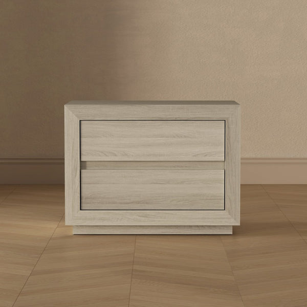 English Elm Nightstand with Two Drawers Handleless Oak Laminate Scandinavian Minimalist Bedroom Whitewashed Oak B365P504393