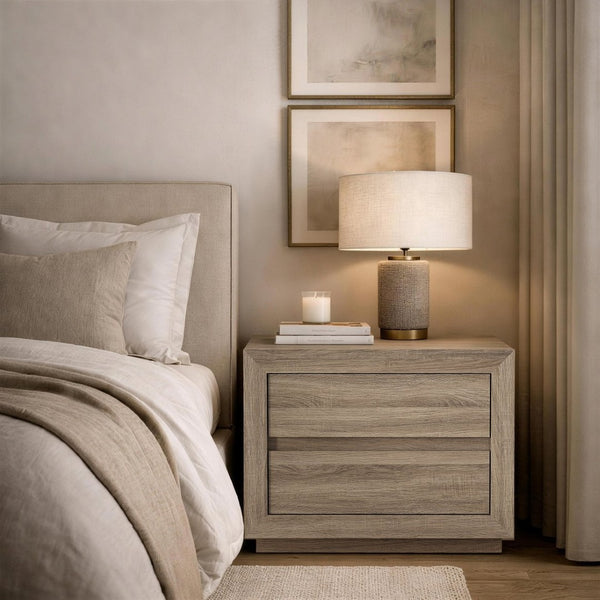 English Elm Nightstand with Two Drawers Handleless Oak Laminate Scandinavian Minimalist Bedroom Natural Oak B365P504394