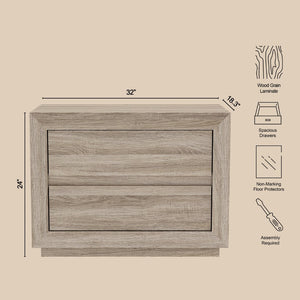 English Elm Nightstand with Two Drawers Handleless Oak Laminate Scandinavian Minimalist Bedroom Natural Oak B365P504394