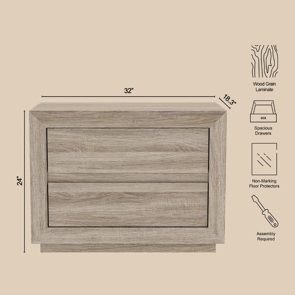 English Elm Nightstand with Two Drawers Handleless Oak Laminate Scandinavian Minimalist Bedroom Natural Oak B365P504394