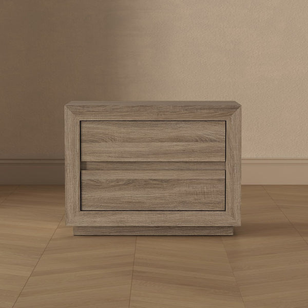 English Elm Nightstand with Two Drawers Handleless Oak Laminate Scandinavian Minimalist Bedroom Natural Oak B365P504394