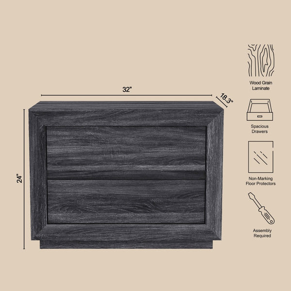 English Elm Nightstand with Two Drawers Handleless Oak Laminate Scandinavian Minimalist Bedroom Charcoal Gray B365P504395