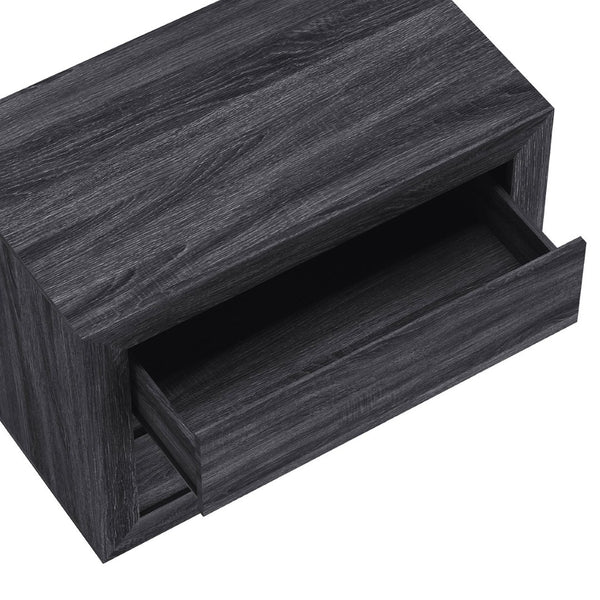 English Elm Nightstand with Two Drawers Handleless Oak Laminate Scandinavian Minimalist Bedroom Charcoal Gray B365P504395