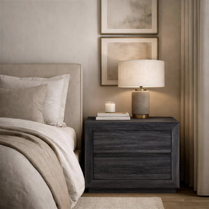 English Elm Nightstand with Two Drawers Handleless Oak Laminate Scandinavian Minimalist Bedroom Charcoal Gray B365P504395