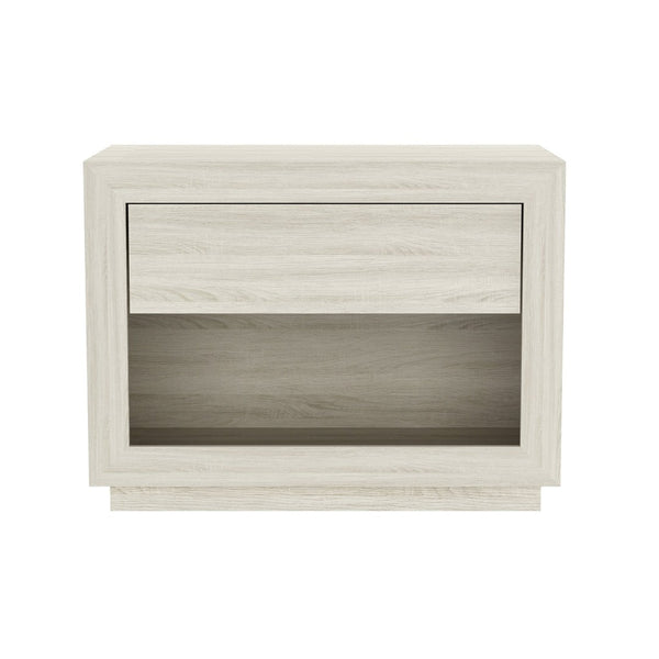 English Elm Nightstand with Open Cubby and Flush Drawer for Minimalist Scandinavian Bedroom Decor Whitewashed Oak B365P504396