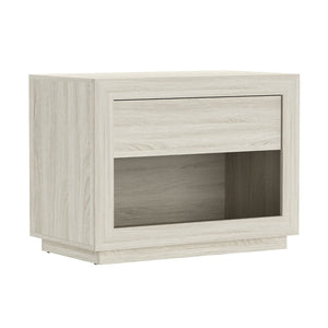 English Elm Nightstand with Open Cubby and Flush Drawer for Minimalist Scandinavian Bedroom Decor Whitewashed Oak B365P504396