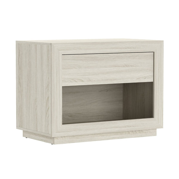 English Elm Nightstand with Open Cubby and Flush Drawer for Minimalist Scandinavian Bedroom Decor Whitewashed Oak B365P504396