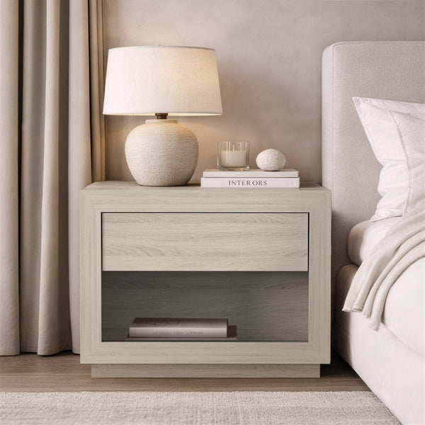 English Elm Nightstand with Open Cubby and Flush Drawer for Minimalist Scandinavian Bedroom Decor Whitewashed Oak B365P504396