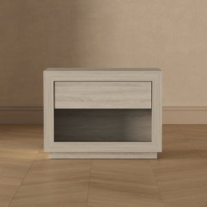 English Elm Nightstand with Open Cubby and Flush Drawer for Minimalist Scandinavian Bedroom Decor Whitewashed Oak B365P504396