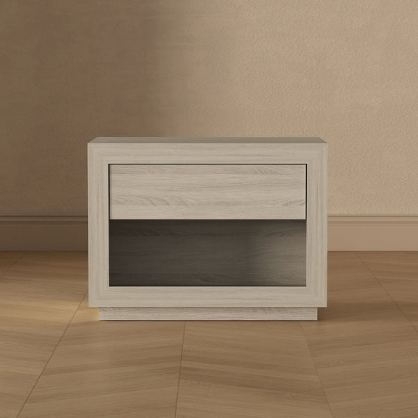English Elm Nightstand with Open Cubby and Flush Drawer for Minimalist Scandinavian Bedroom Decor Whitewashed Oak B365P504396