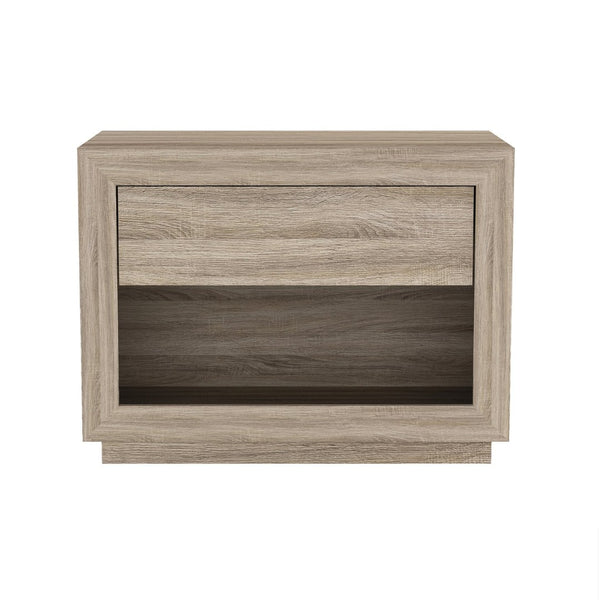 English Elm Nightstand with Open Cubby and Flush Drawer for Minimalist Scandinavian Bedroom Decor Natural Oak B365P504397