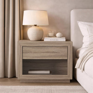 English Elm Nightstand with Open Cubby and Flush Drawer for Minimalist Scandinavian Bedroom Decor Natural Oak B365P504397