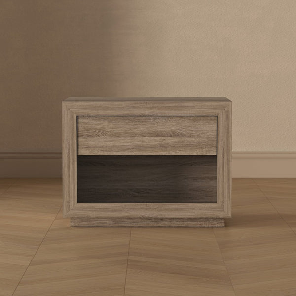 English Elm Nightstand with Open Cubby and Flush Drawer for Minimalist Scandinavian Bedroom Decor Natural Oak B365P504397