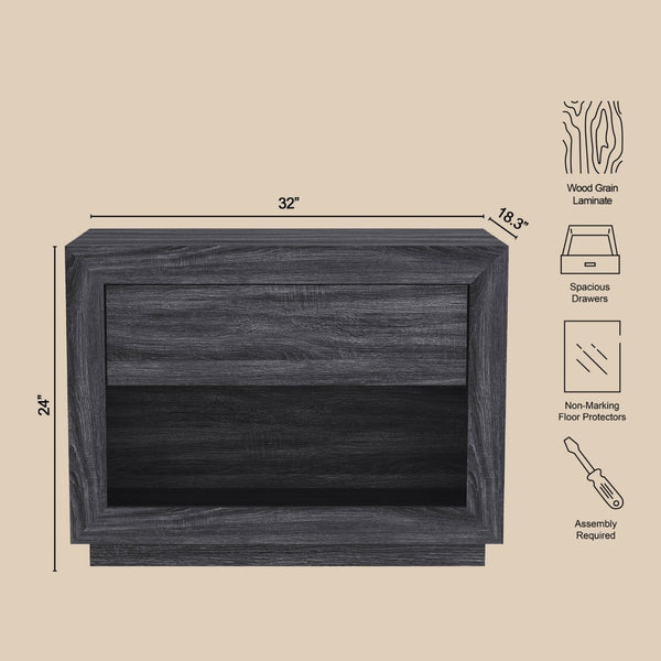 English Elm Nightstand with Open Cubby and Flush Drawer for Minimalist Scandinavian Bedroom Decor Charcoal Gray B365P504398