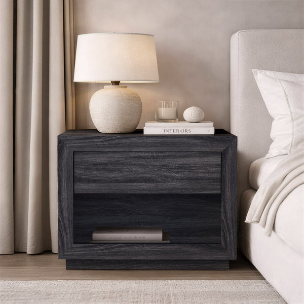 English Elm Nightstand with Open Cubby and Flush Drawer for Minimalist Scandinavian Bedroom Decor Charcoal Gray B365P504398