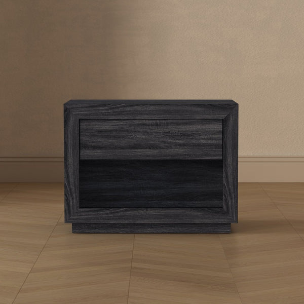 English Elm Nightstand with Open Cubby and Flush Drawer for Minimalist Scandinavian Bedroom Decor Charcoal Gray B365P504398