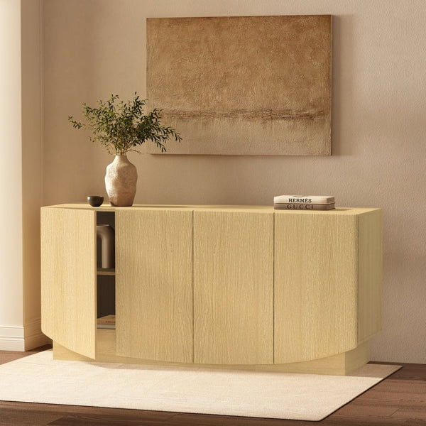 English Elm Sideboard with Push Open Doors Natural Wood Grain Laminate Contemporary Dining Storage Oak B365P504401