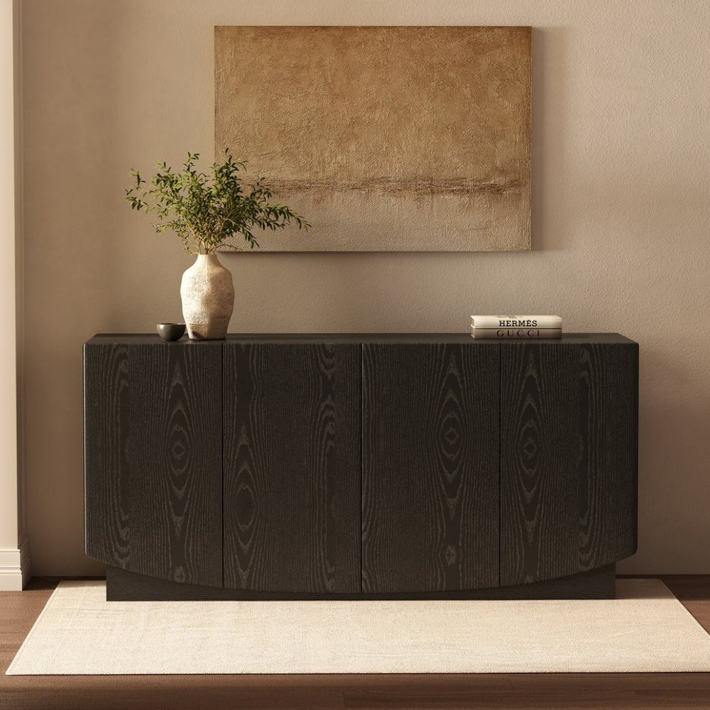English Elm Sideboard with Push Open Doors Natural Wood Grain Laminate Contemporary Dining Storage Black B365P504402